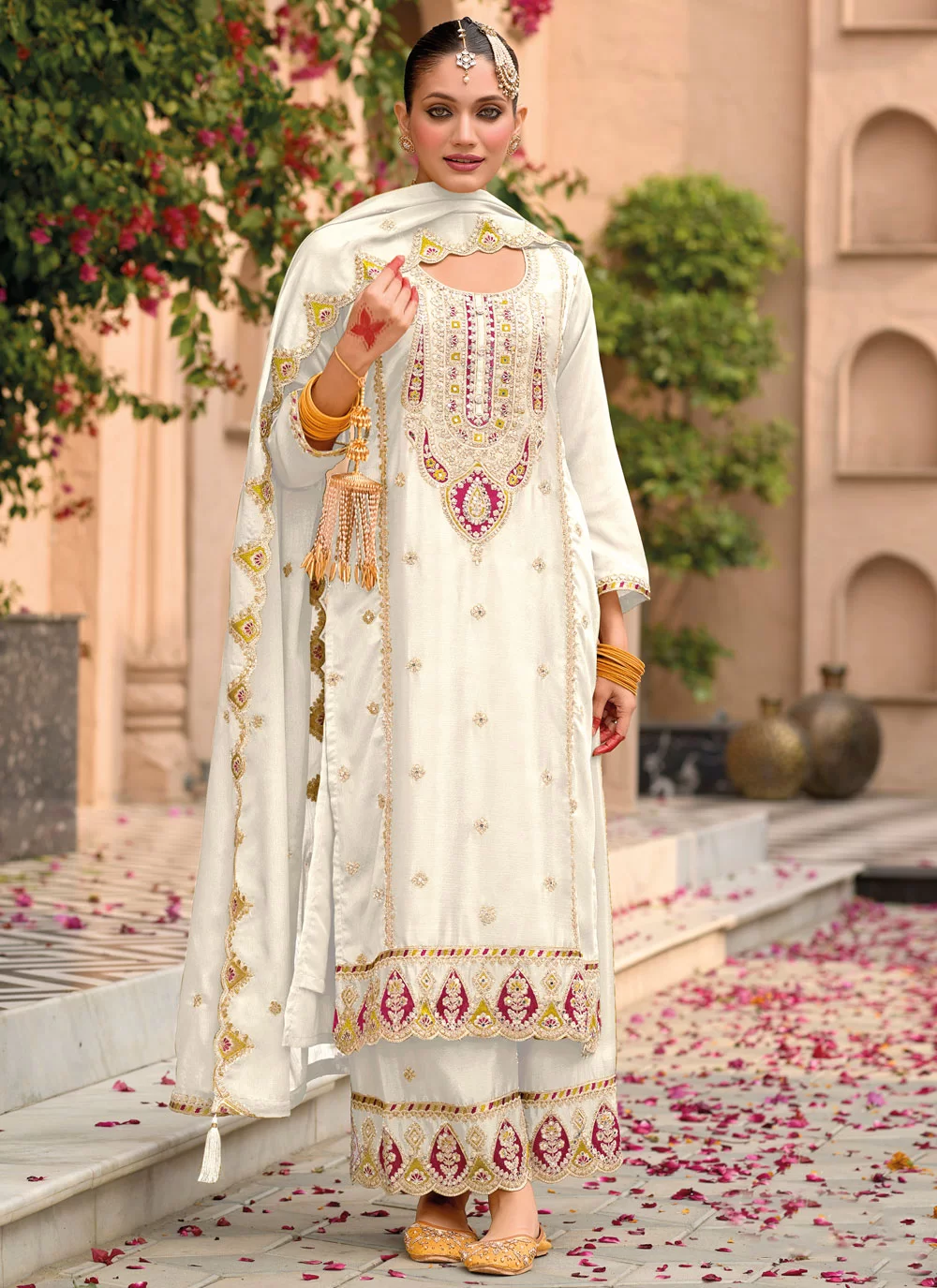 Chinon Salwar Suit With Embroidered Mirror Work